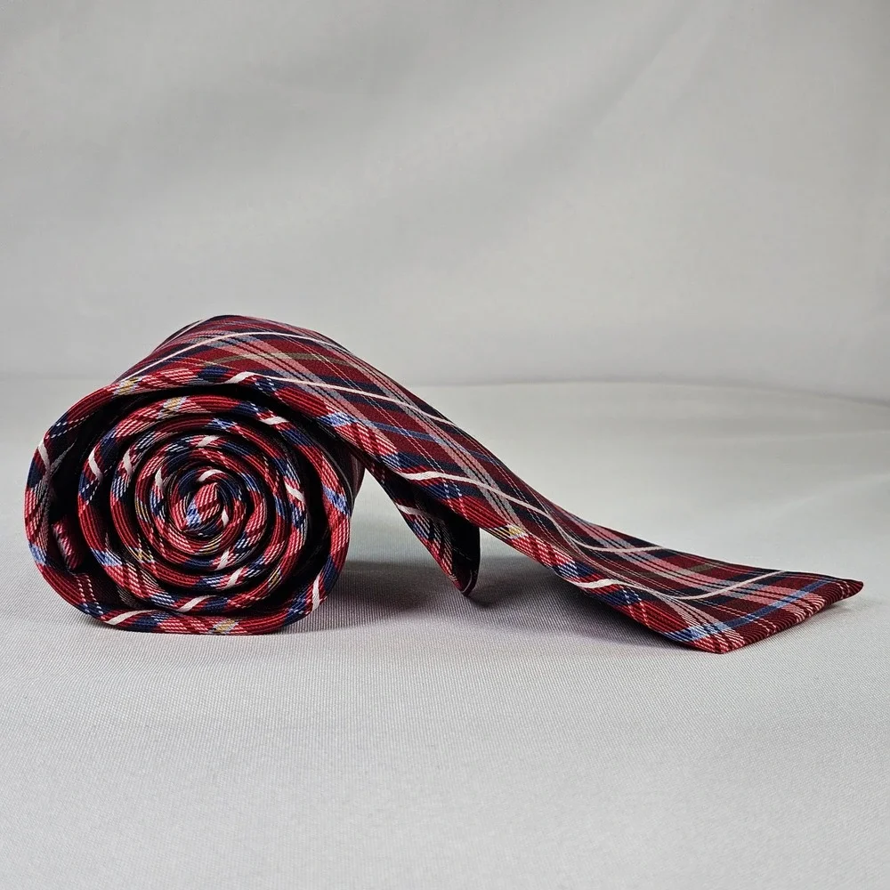 Bruno Piattelli Roma Silk Tie Red Blue White Plaid Hand Made Necktie 3.25 Inch‎